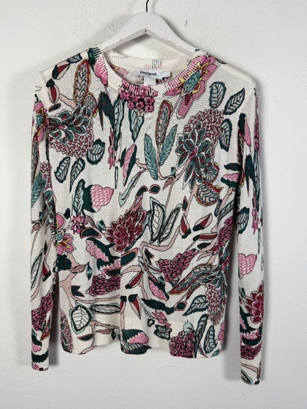Desigual Womens Ivory Botanical Floral Long Sleeve Knit Pullover Sweater Large